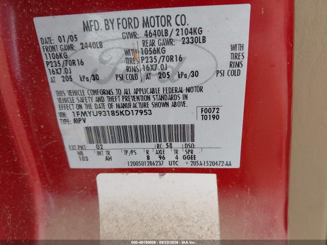 46190006 :رقم المزاد ، 1FMYU93185KD17953 vin ، 2005 Ford Escape Xlt مزاد بيع