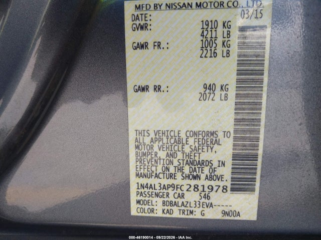 Nissan ALTIMA 2.5 2015 1N4AL3AP9FC281978 Image 9