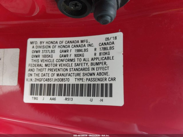 Продаж на аукціоні авто 2018 Honda Civic Lx, vin: 2HGFC4B51JH308570, номер лоту: 46190036