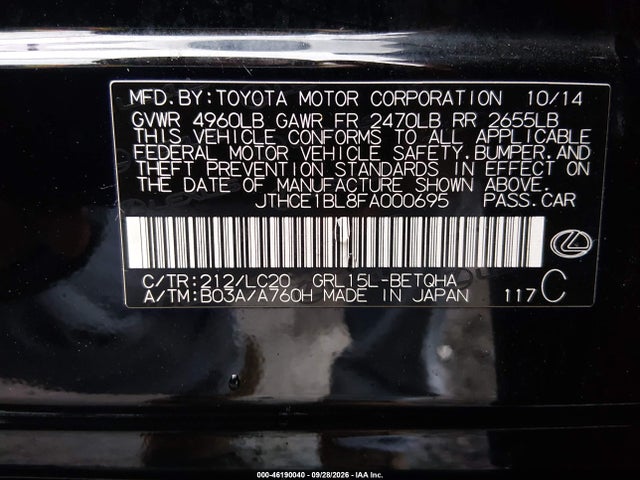 46190040 :رقم المزاد ، JTHCE1BL8FA000695 vin ، 2015 Lexus Gs 350 مزاد بيع
