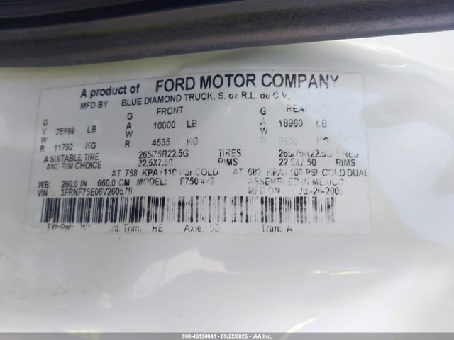 46190041 :رقم المزاد ، 3FRNF75E06V260578 vin ، 2006 Ford F-750 Xl/xlt مزاد بيع