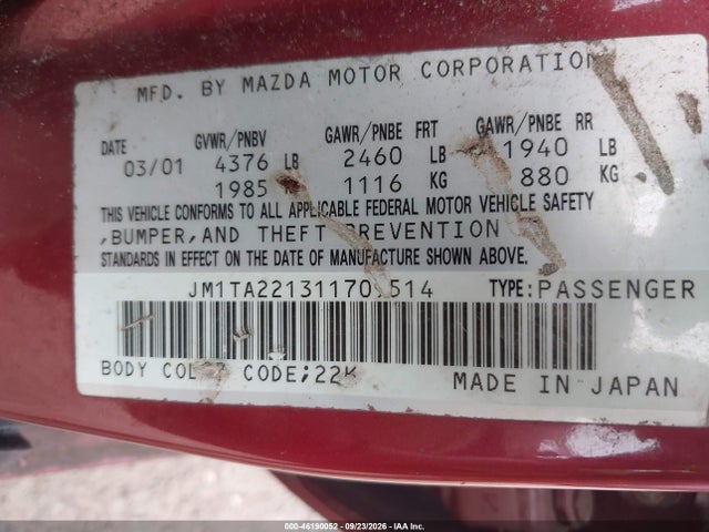 Продаж на аукціоні авто 2001 Mazda Millenia P, vin: JM1TA221311709514, номер лоту: 46190052