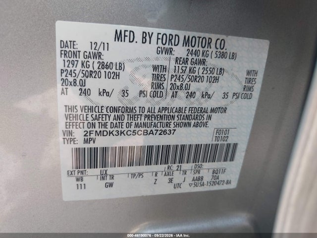 Продажа на аукционе авто 2012 Ford Edge Limited, vin: 2FMDK3KC5CBA72637, номер лота: 46190076