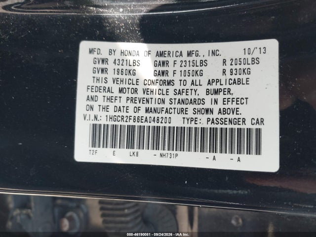 46190081 :رقم المزاد ، 1HGCR2F86EA048200 vin ، 2014 Honda Accord Ex-l مزاد بيع