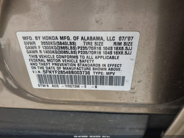 Aukcja sprzedaży 2008 Honda Pilot Ex-l, vin: 5FNYF28548B003736, numer aukcji: 46190090