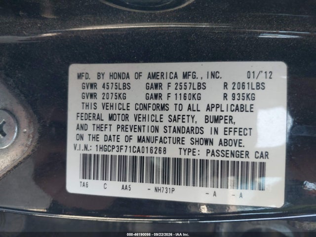 Продаж на аукціоні авто 2012 Honda Accord Sdn Ex, vin: 1HGCP3F71CA016268, номер лоту: 46190098