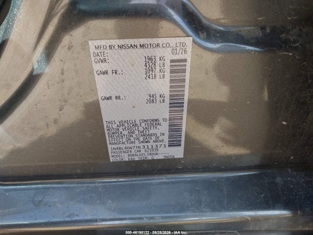 Продаж на аукціоні авто 2026 Nissan Altima Sv Fwd, vin: 1N4BL4DV7TN311371, номер лоту: 46190122