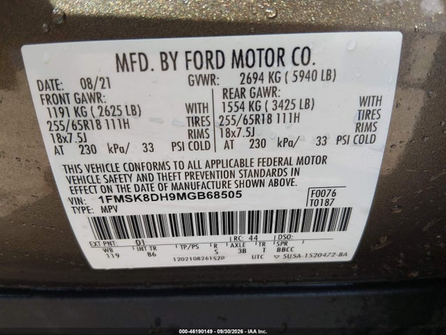 Продажа на аукционе авто 2021 Ford Explorer Xlt, vin: 1FMSK8DH9MGB68505, номер лота: 46190149