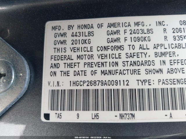 Продажа на аукционе авто 2009 Honda Accord Sdn Ex-l, vin: 1HGCP26879A009112, номер лота: 46190154