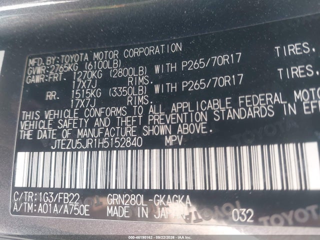 Продаж на аукціоні авто 2017 Toyota 4runner Sr5, vin: JTEZU5JR1H5152840, номер лоту: 46190162