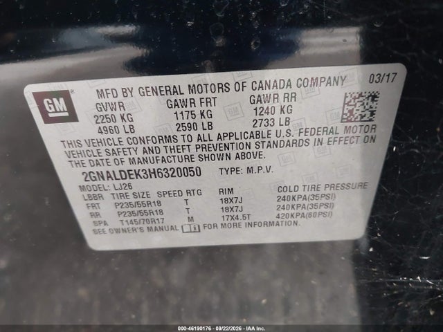 Auction sale of the 2017 Chevrolet Equinox Premier, vin: 2GNALDEK3H6320050, lot number: 46190176