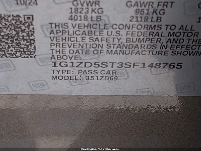 Продажа на аукционе авто 2025 Chevrolet Malibu Fwd 1lt, vin: 1G1ZD5ST3SF148765, номер лота: 46190196