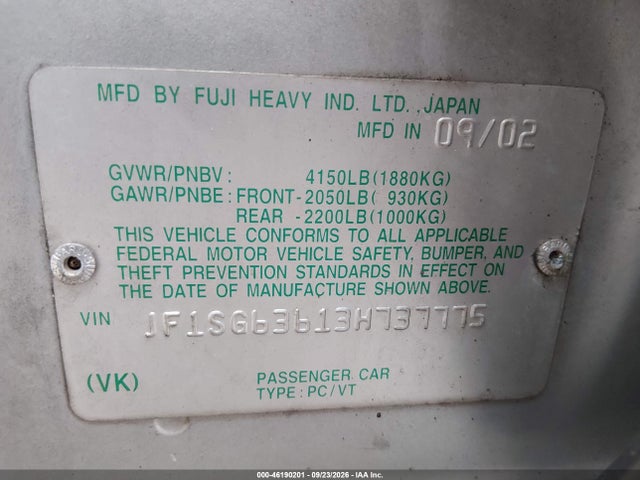 Aukcja sprzedaży 2003 Subaru Forester X, vin: JF1SG63613H737775, numer aukcji: 46190201