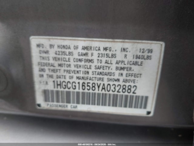 2000 Honda Accord 3.0 Ex მანქანა იყიდება აუქციონზე, vin: 1HGCG1658YA032882, აუქციონის ნომერი: 46190216