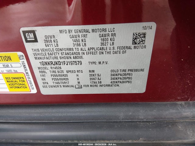 Chevrolet Traverse Ltz 2015 1GNKRJKD1FJ197579 Image 9
