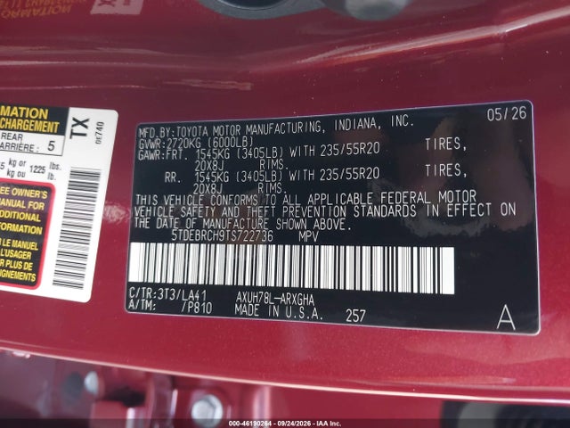 Aukcja sprzedaży 2026 Toyota Highlander Hybrid Platinum, vin: 5TDEBRCH9TS722736, numer aukcji: 46190264