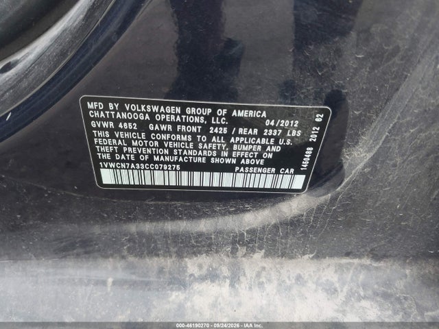 Aukcja sprzedaży 2012 Volkswagen Passat 2.0l Tdi Sel Premium, vin: 1VWCN7A33CC079275, numer aukcji: 46190270