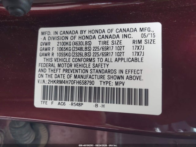 2HKRM4H70FH658790 Honda Cr-v Ex-l