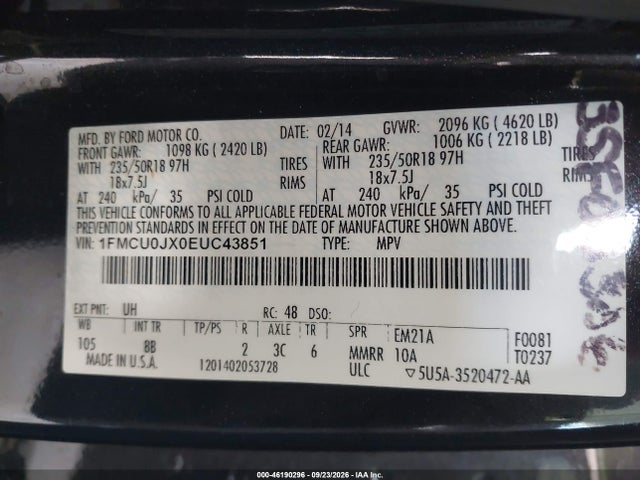 Продаж на аукціоні авто 2014 Ford Escape Titanium, vin: 1FMCU0JX0EUC43851, номер лоту: 46190296