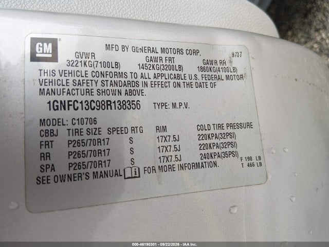 Aukcja sprzedaży 2008 Chevrolet Tahoe Ls, vin: 1GNFC13C98R138356, numer aukcji: 46190301
