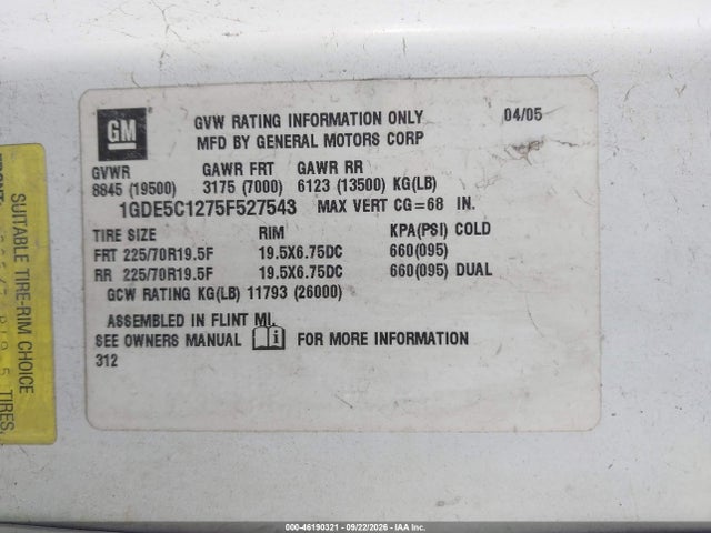 46190321 :رقم المزاد ، 1GDE5C1275F527543 vin ، 2005 Gmc C5500 مزاد بيع