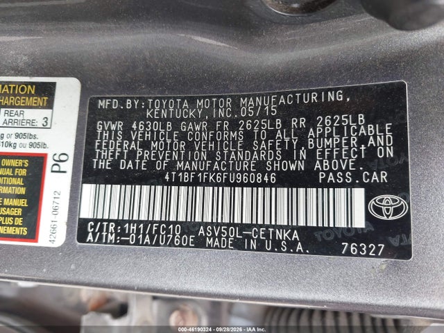 2015 Toyota Camry Le მანქანა იყიდება აუქციონზე, vin: 4T1BF1FK6FU960846, აუქციონის ნომერი: 46190324