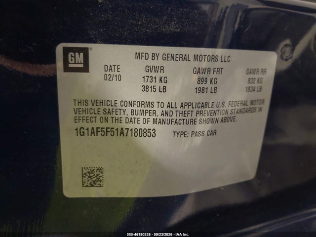 Продаж на аукціоні авто 2010 Chevrolet Cobalt Lt, vin: 1G1AF5F51A7180853, номер лоту: 46190326