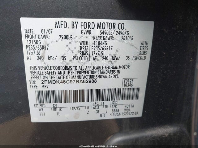 46190327 :رقم المزاد ، 2FMDK46C97BA62988 vin ، 2007 Ford Edge Se مزاد بيع