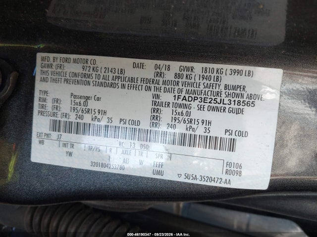 Продаж на аукціоні авто 2018 Ford Focus S, vin: 1FADP3E25JL318565, номер лоту: 46190347