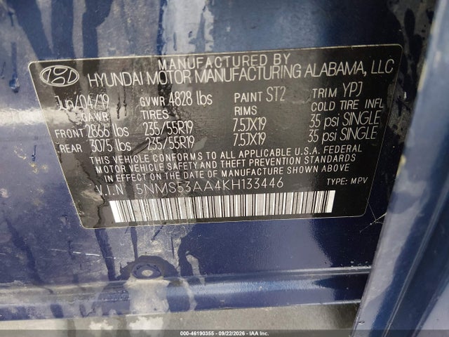 46190355 :رقم المزاد ، 5NMS53AA4KH133446 vin ، 2019 Hyundai Santa Fe Ultimate 2.0t مزاد بيع
