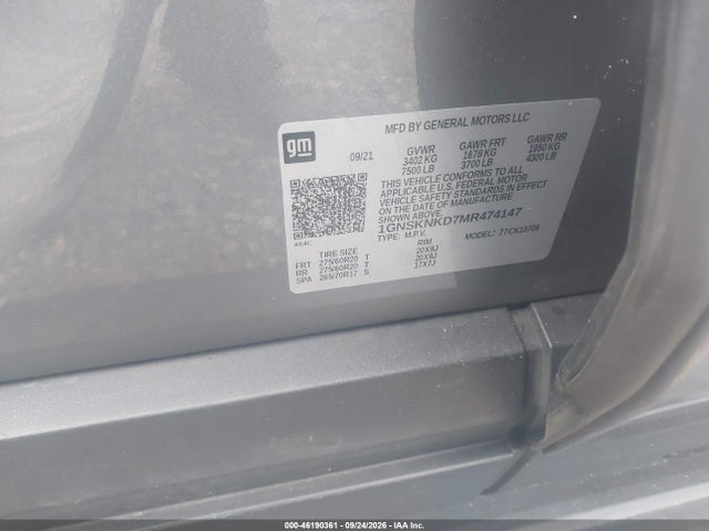 46190361 :رقم المزاد ، 1GNSKNKD7MR474147 vin ، 2021 Chevrolet Tahoe 4wd Lt مزاد بيع