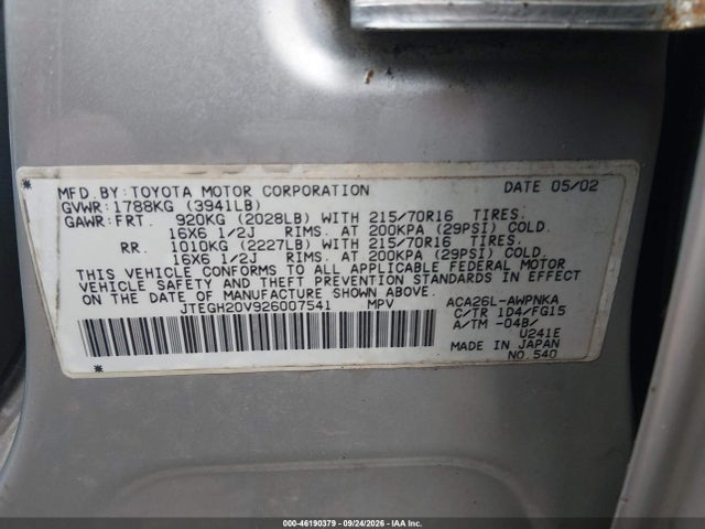46190379 :رقم المزاد ، JTEGH20V926007541 vin ، 2002 Toyota Rav4 مزاد بيع