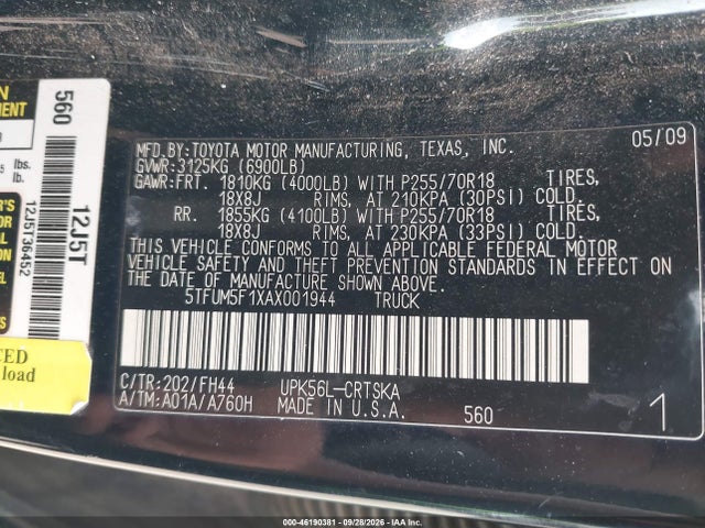 46190381 :رقم المزاد ، 5TFUM5F1XAX001944 vin ، 2010 Toyota Tundra 4wd Truck Grade 4.6l V8 (a6) مزاد بيع