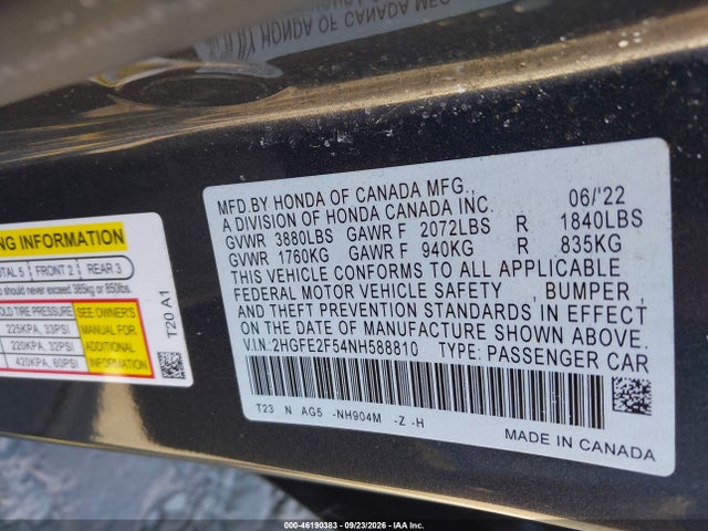 Aukcja sprzedaży 2022 Honda Civic Sport, vin: 2HGFE2F54NH588810, numer aukcji: 46190383