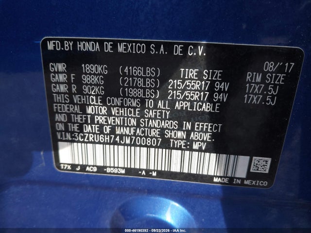 Aukcja sprzedaży 2018 Honda Hr-v Ex-l, vin: 3CZRU6H74JM700807, numer aukcji: 46190392