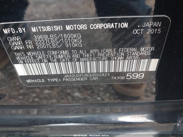Aukcja sprzedaży 2016 Mitsubishi Lancer Es, vin: JA32U2FU8GU002423, numer aukcji: 46190396
