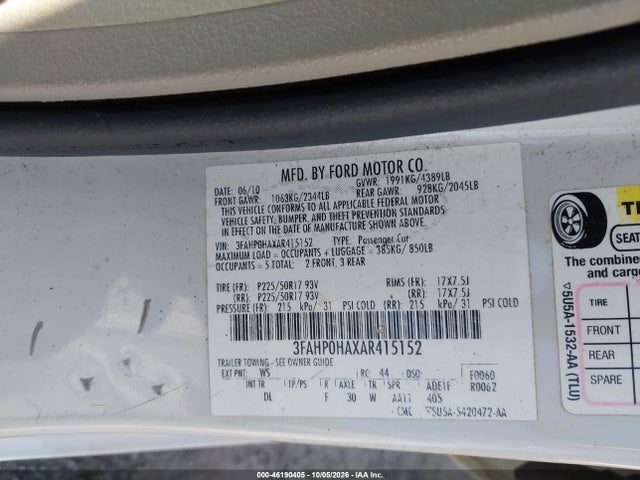 Продажа на аукционе авто 2010 Ford Fusion Se, vin: 3FAHP0HAXAR415152, номер лота: 46190405