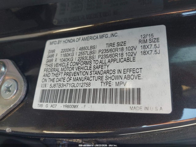 Продажа на аукционе авто 2016 Acura Rdx Advance Pkg, vin: 5J8TB3H71GL012758, номер лота: 46190410