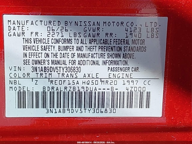 Продажа на аукционе авто 2026 Nissan Sentra Sr, vin: 3N1AB9DV5TY306830, номер лота: 46190414