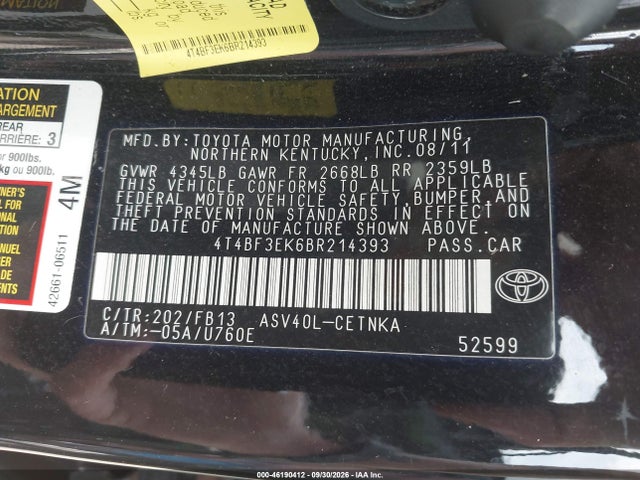 46190412 :رقم المزاد ، 4T4BF3EK6BR214393 vin ، 2011 Toyota Camry Le مزاد بيع