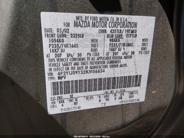 Продажа на аукционе авто 2002 Mazda Tribute Es/lx, vin: 4F2YU09132KM56634, номер лота: 46190415