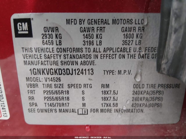 46190422 :رقم المزاد ، 1GNKVGKD3DJ124113 vin ، 2013 Chevrolet Traverse 1lt مزاد بيع