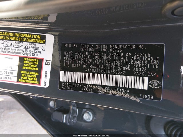2026 Toyota Camry Le მანქანა იყიდება აუქციონზე, vin: 4T1DAACK6TU759522, აუქციონის ნომერი: 46190435