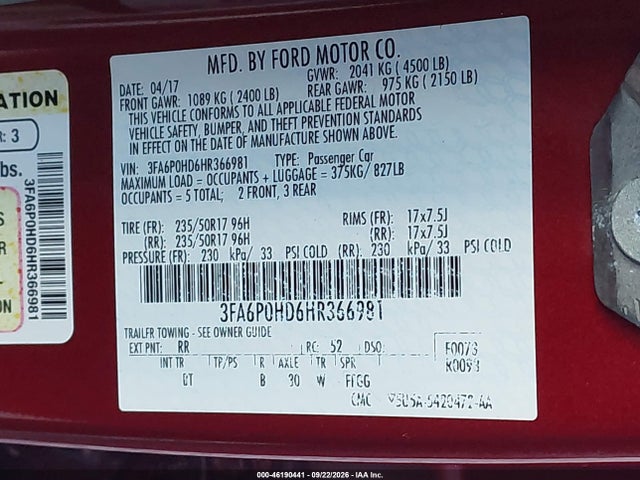 Ford FUSION SE 2017 3FA6P0HD6HR366981 Image 9