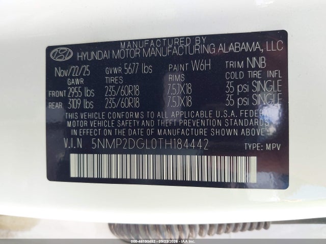 2026 Hyundai Santa Fe Sel მანქანა იყიდება აუქციონზე, vin: 5NMP2DGL0TH184442, აუქციონის ნომერი: 46190452