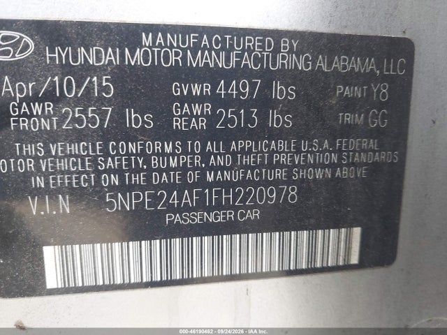 Aukcja sprzedaży 2015 Hyundai Sonata Se, vin: 5NPE24AF1FH220978, numer aukcji: 46190462