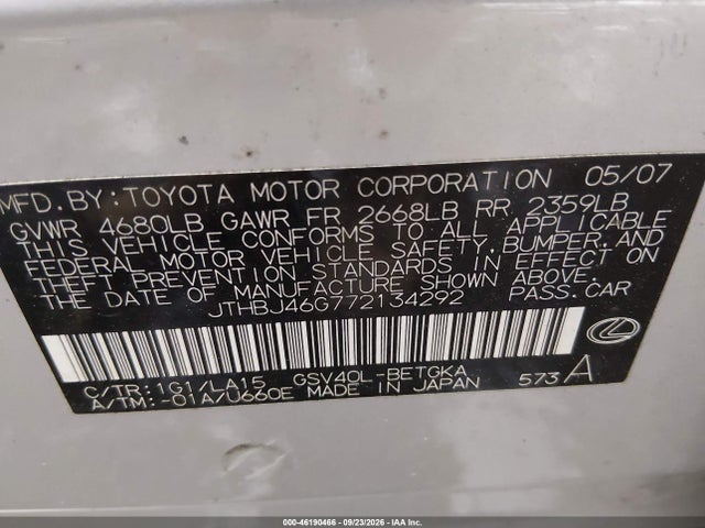 46190466 :رقم المزاد ، JTHBJ46G772134292 vin ، 2007 Lexus Es 350 مزاد بيع