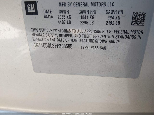 46190477 :رقم المزاد ، 1G11C5SL8FF308595 vin ، 2015 Chevrolet Malibu Lt مزاد بيع