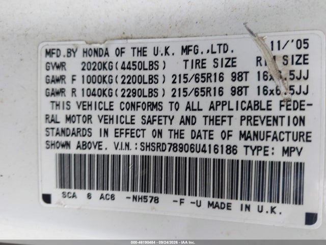 2006 Honda Cr-v Ex Se მანქანა იყიდება აუქციონზე, vin: SHSRD78906U416186, აუქციონის ნომერი: 46190484