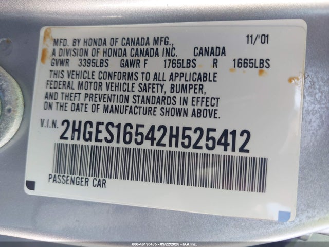 2002 Honda Civic Lx მანქანა იყიდება აუქციონზე, vin: 2HGES16542H525412, აუქციონის ნომერი: 46190485